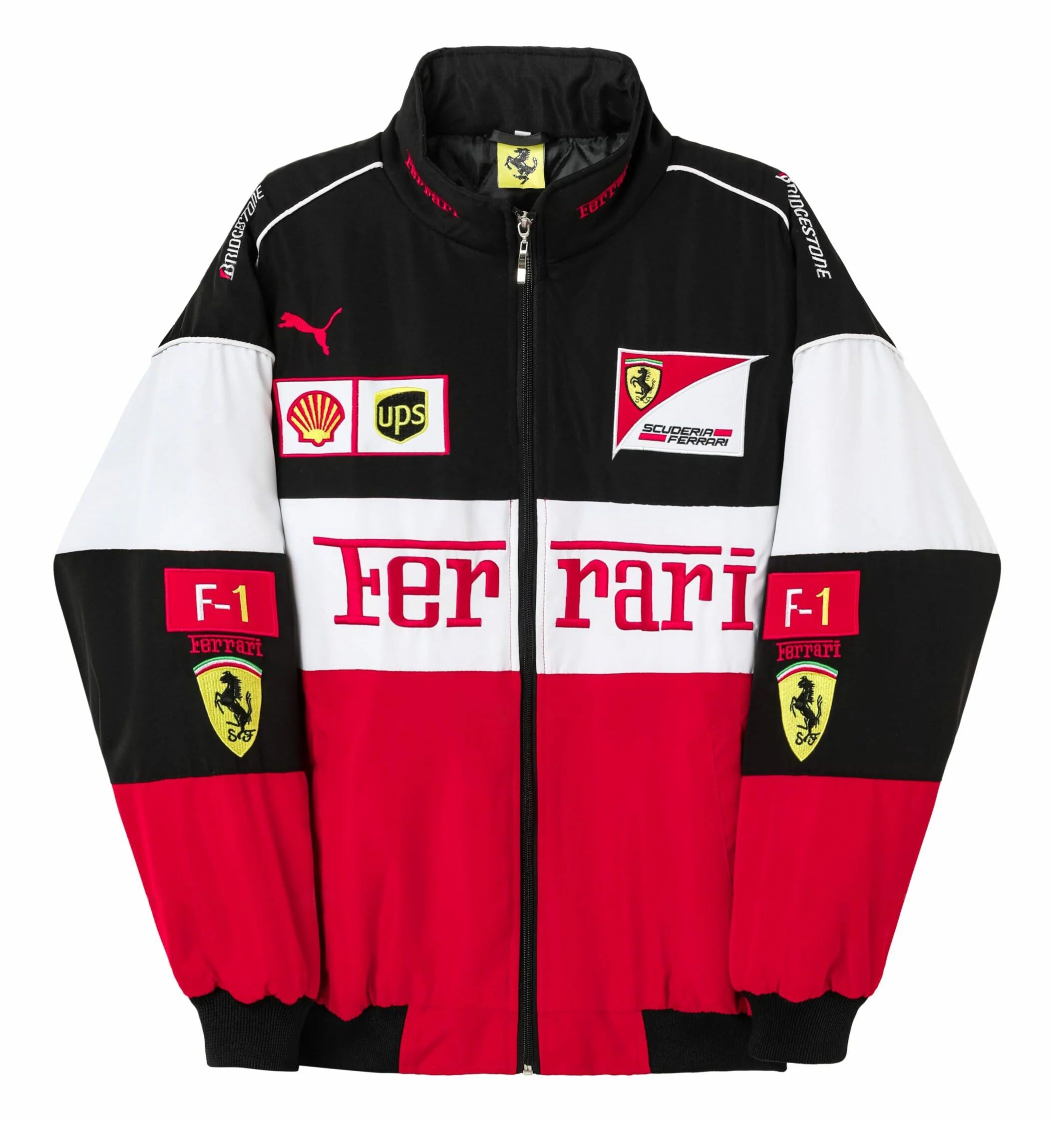 A vintage racing jacket with color blocks of red, black, and white, featuring the Formula 1 and Puma logos, along with Formula 1 branding.