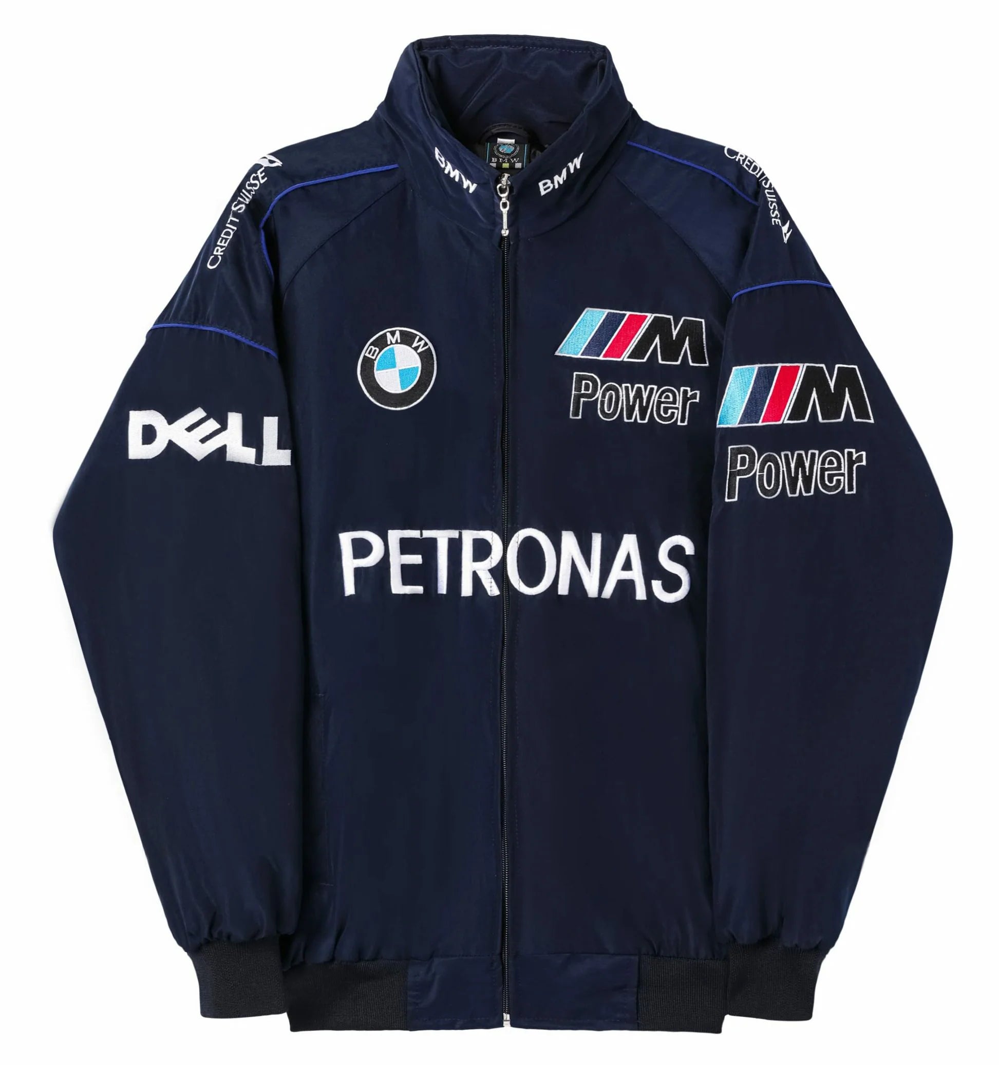 A navy BMW vintage racing jacket with sponsor logos, featuring a durable zipper and branding on the sleeves.