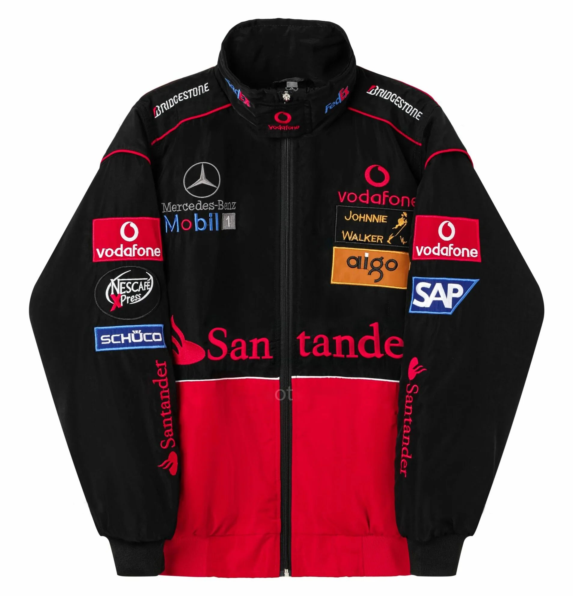 A vintage racing jacket styled black and red Mercedes Formula 1 logos with multiple sponsor logos.