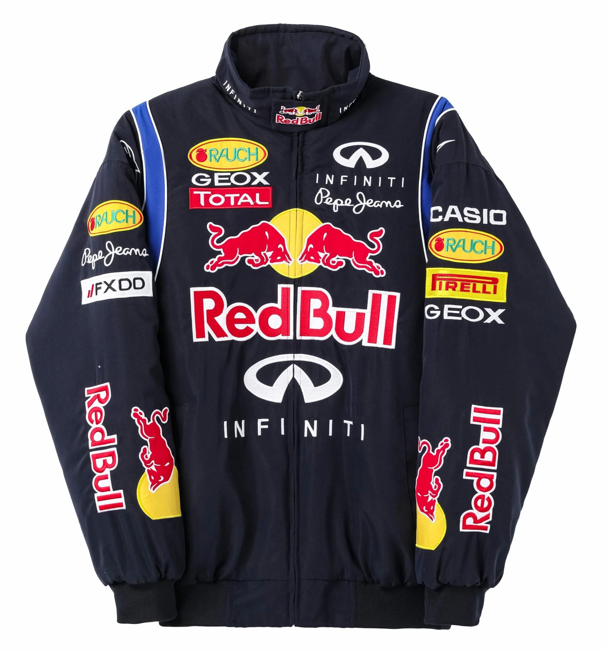 A Red Bull vintage jacket in blue with the Red Bull and Infiniti logos, along with several sponsor patches such as Geox and Firelli.