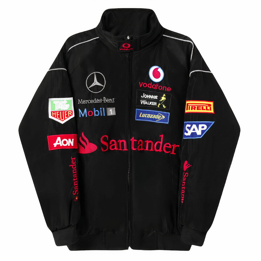 A black Mercedes Formula 1 vintage racing jacket with multiple sponsor logos, a durable zipper, and no visible hood.