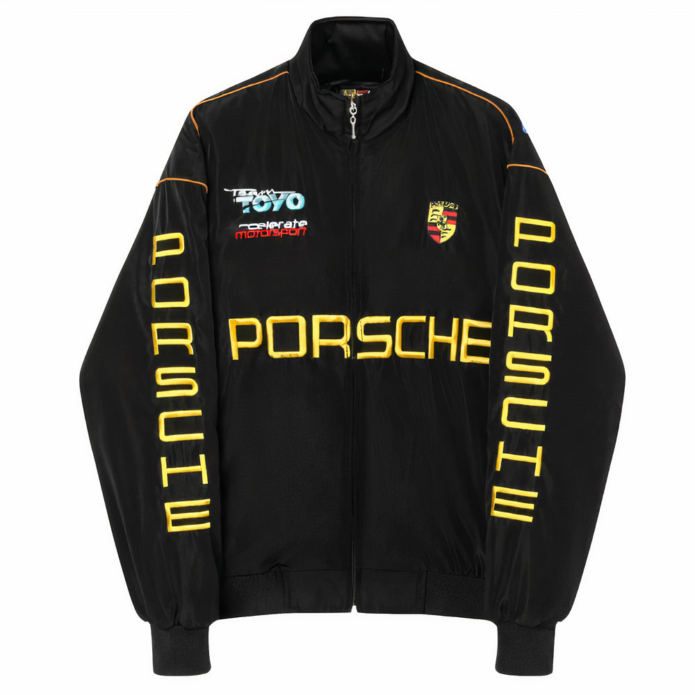 A black Porsche vintage racing jacket with yellow text and orange zipper.