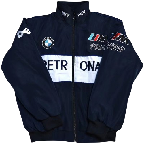 A navy blue BMW vintage racing jacket with white and silver accents, featuring the BMW and Petronas logos, and a durable zipper.