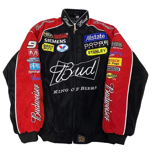 A black and red Budweiser vintage racing jacket with multiple sponsor patches and a zipper. Nascar style